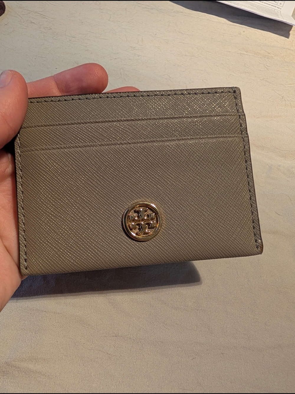 Tory Burch Taupe Saffiano Card Holder with Gold Logo